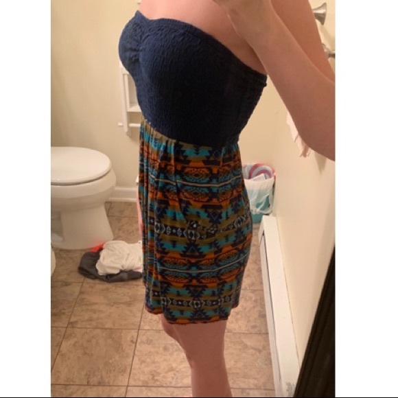 Billabong Strapless Tribal Print Orange/ Blue Dress with Pockets - Picture 3 of 7